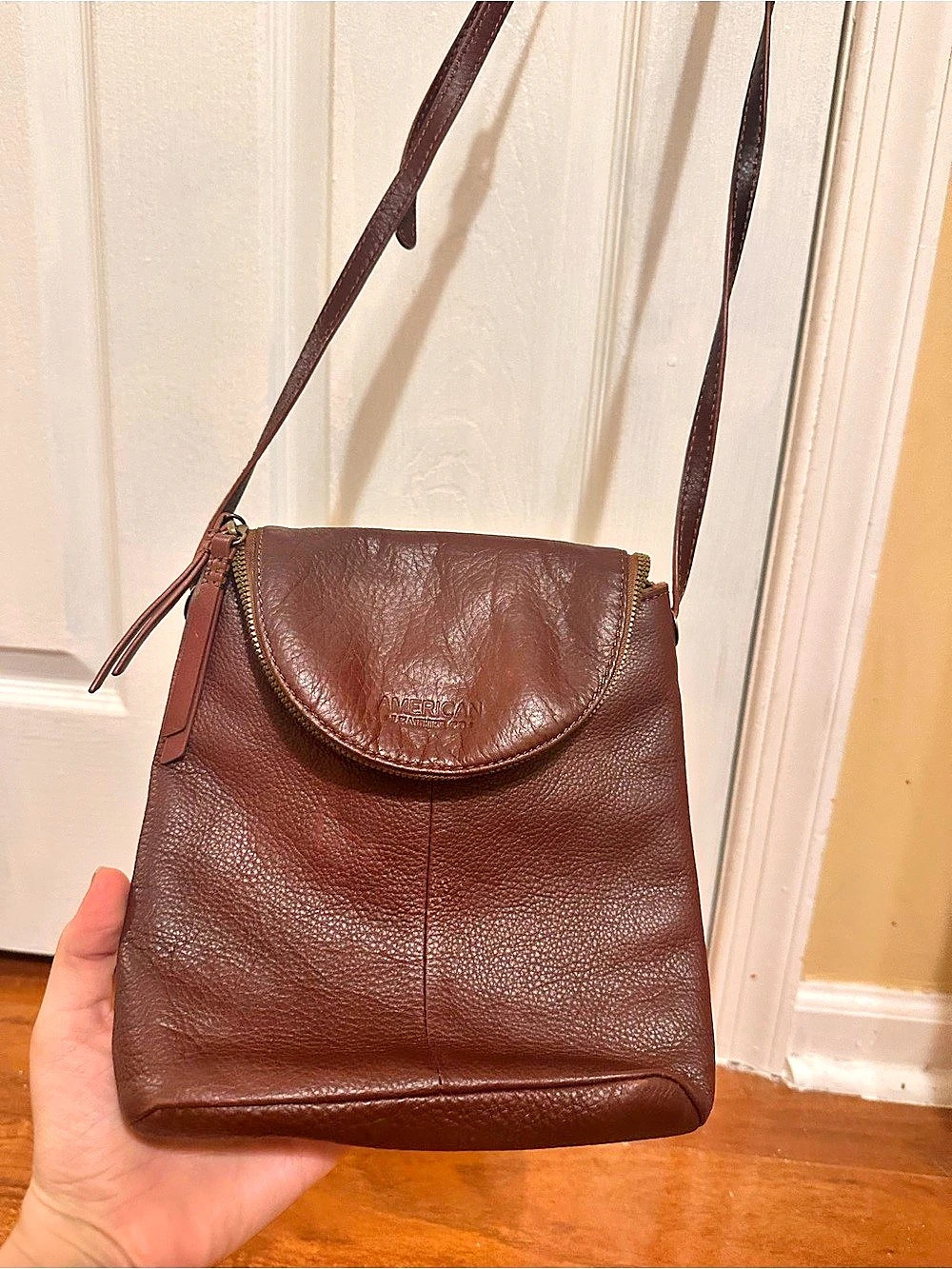 American Leather Co Brown Pebbled Leather Flap Crossbody Bag Cognac